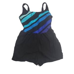 Inches Away Black and Blue Striped One Piece Swimsuit Romper Shorts w. Pockets